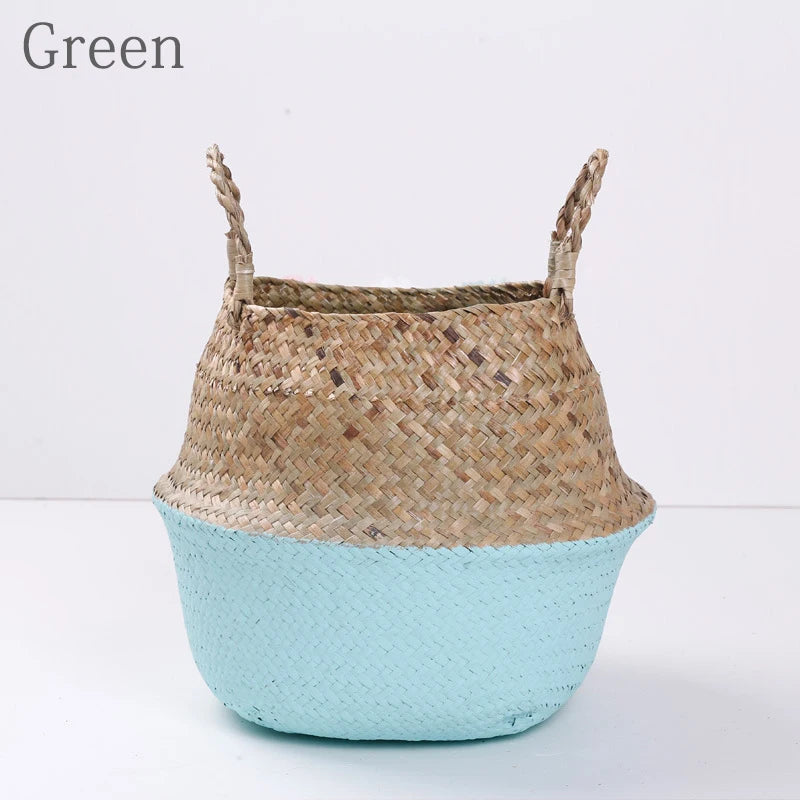 Handmade Woven Storage Basket Folding Clthoes Laundry Basket Straw Wicker Rattan Seagrass Belly Garden Flower Pot Plant Basket