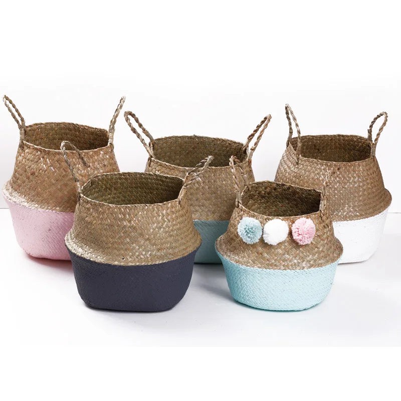 Handmade Woven Storage Basket Folding Clthoes Laundry Basket Straw Wicker Rattan Seagrass Belly Garden Flower Pot Plant Basket