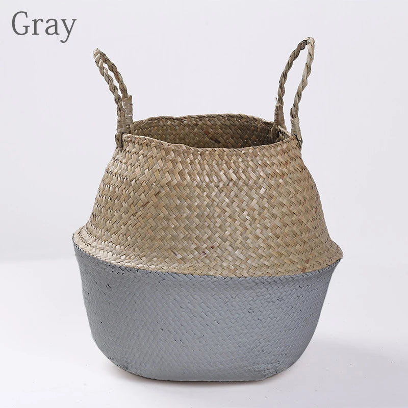 Handmade Woven Storage Basket Folding Clthoes Laundry Basket Straw Wicker Rattan Seagrass Belly Garden Flower Pot Plant Basket