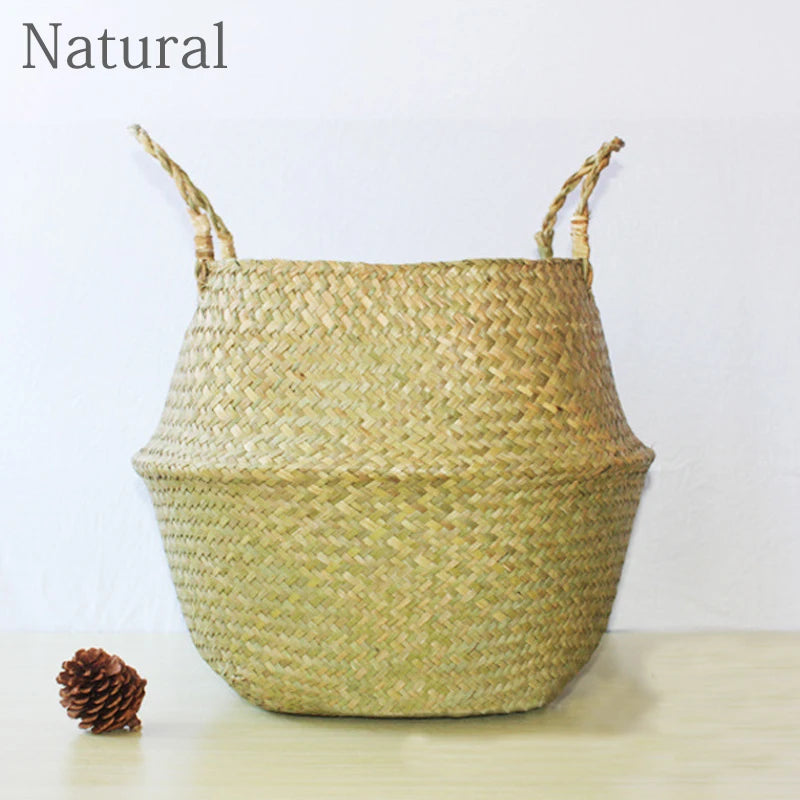 Handmade Woven Storage Basket Folding Clthoes Laundry Basket Straw Wicker Rattan Seagrass Belly Garden Flower Pot Plant Basket