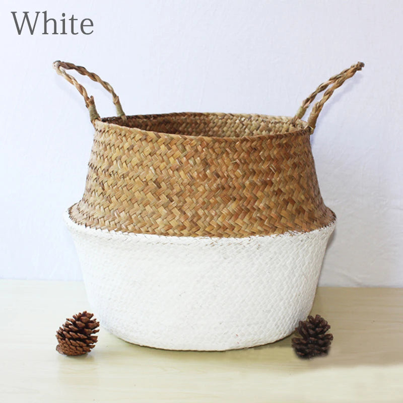 Handmade Woven Storage Basket Folding Clthoes Laundry Basket Straw Wicker Rattan Seagrass Belly Garden Flower Pot Plant Basket