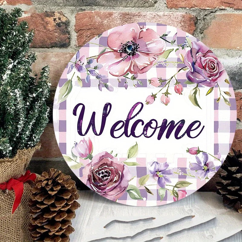 Welcome Home Round Aluminum Sign, Durable and UV Protected, Perfect for Door or Wall Decor, Purple Floral Design, Bar Decoration