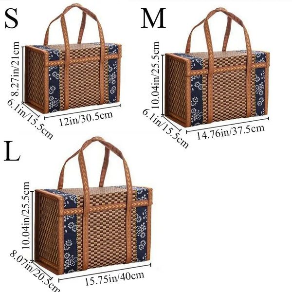 Portable Rattan Woven Basket Outdoor Picnic Basket Foldable Storage Basket with Lid Fruit Food Toy Clothes Organizer