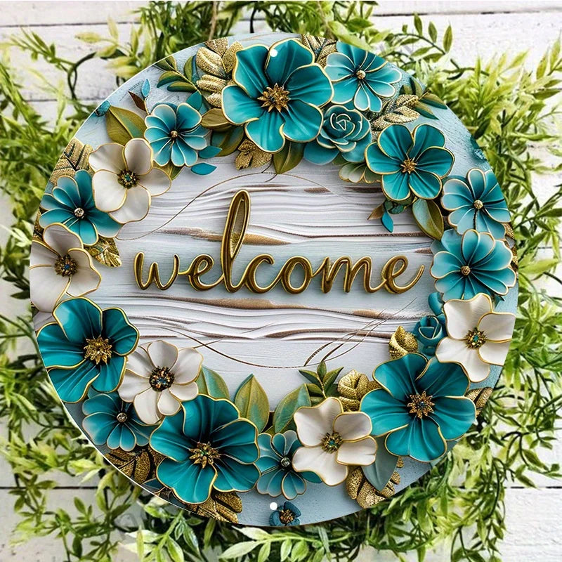 Welcome Aluminum Metal Sign, Round Door Hanger, Wall Decor with White Wood and Teal Floral Design Waterproof HD Printing Quality