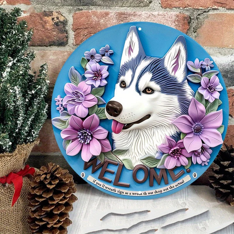 Husky Dog Welcome Sign, Aluminum Metal Round Door Hanger, Cute Husky with Flowers Wall Decor, Waterproof Pre-Drilled HD Printing