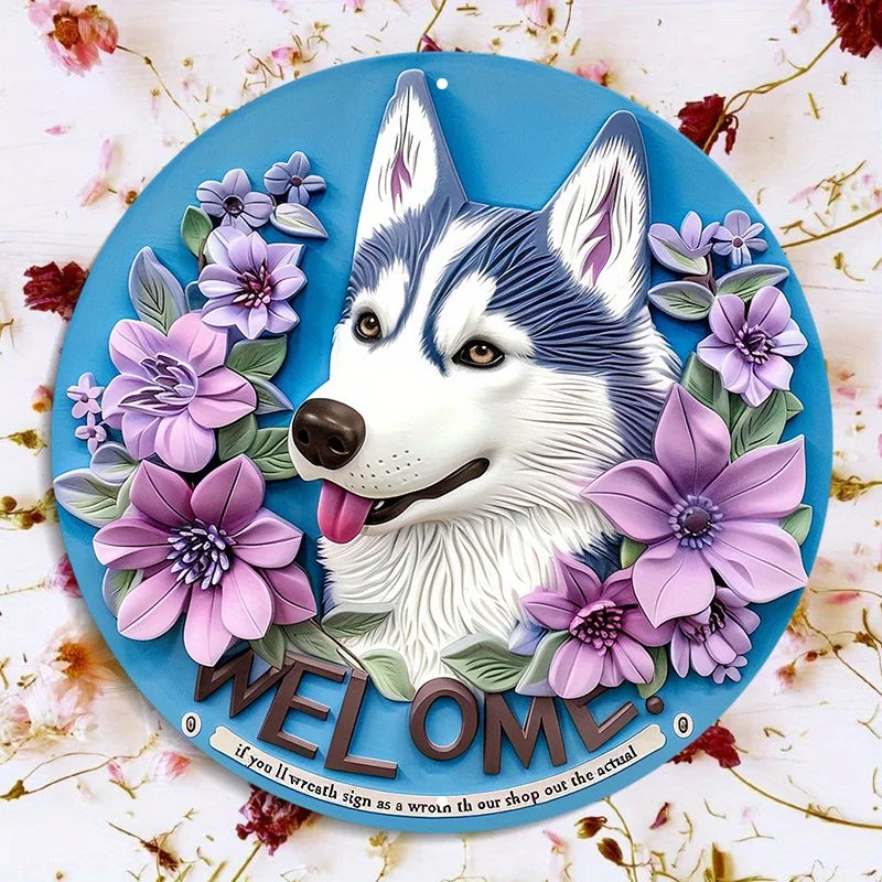 Husky Dog Welcome Sign, Aluminum Metal Round Door Hanger, Cute Husky with Flowers Wall Decor, Waterproof Pre-Drilled HD Printing