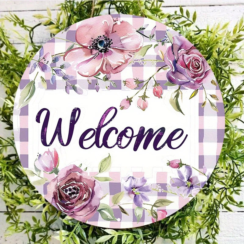 Welcome Home Round Aluminum Sign, Durable and UV Protected, Perfect for Door or Wall Decor, Purple Floral Design, Bar Decoration