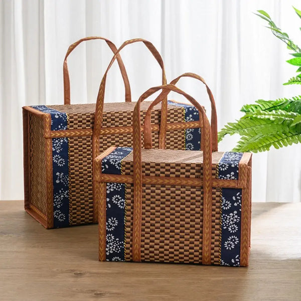 Portable Rattan Woven Basket Outdoor Picnic Basket Foldable Storage Basket with Lid Fruit Food Toy Clothes Organizer