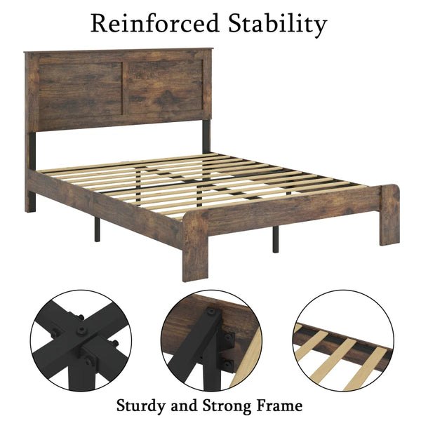 Queen Bed Frame Wood with Headboard, Farmhouse Bed Frame Queen Size