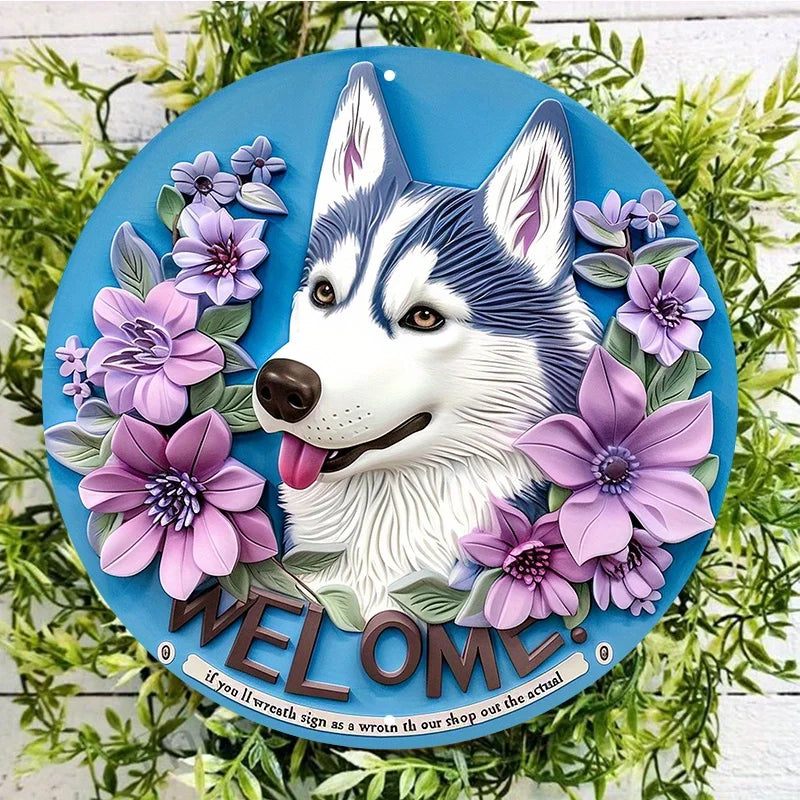 Husky Dog Welcome Sign, Aluminum Metal Round Door Hanger, Cute Husky with Flowers Wall Decor, Waterproof Pre-Drilled HD Printing