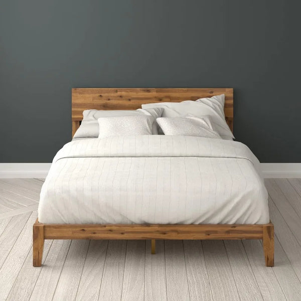 Queen Bed Frame Wood with Headboard, Farmhouse Bed Frame Queen Size