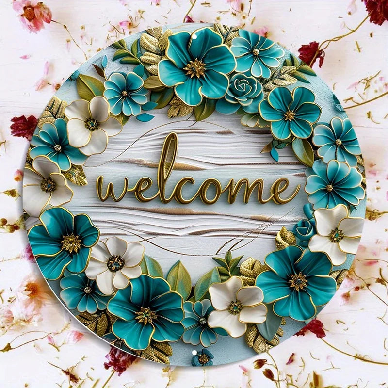 Welcome Aluminum Metal Sign, Round Door Hanger, Wall Decor with White Wood and Teal Floral Design Waterproof HD Printing Quality