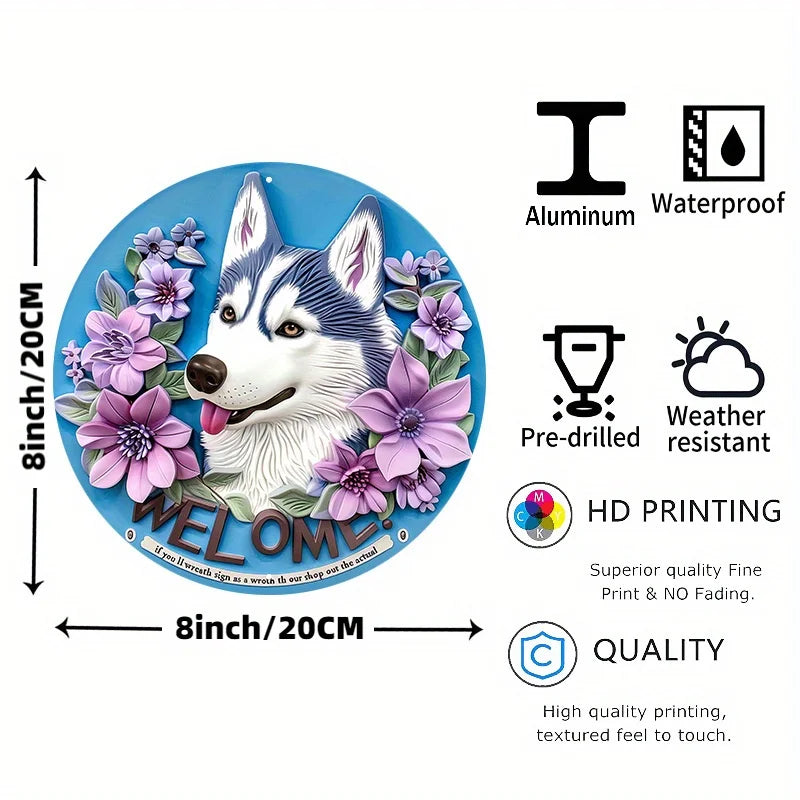 Husky Dog Welcome Sign, Aluminum Metal Round Door Hanger, Cute Husky with Flowers Wall Decor, Waterproof Pre-Drilled HD Printing