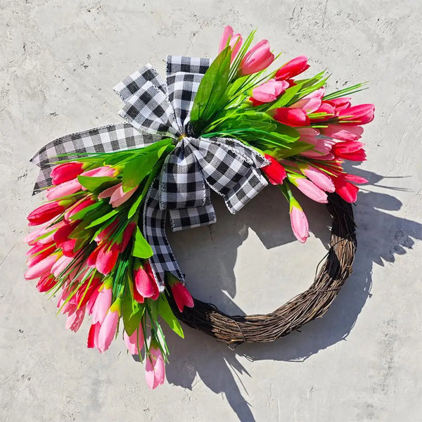 Artificial Door Wreath Spring Floral Plaid Bowknot Door Wreath for Home Decor Garden Ornaments Front Wall Wreath Ornament