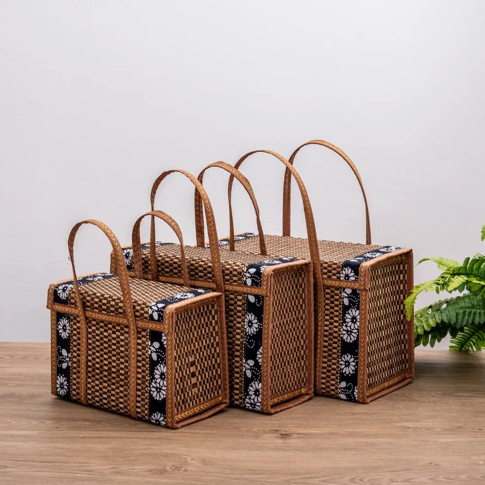 Portable Rattan Woven Basket Outdoor Picnic Basket Foldable Storage Basket with Lid Fruit Food Toy Clothes Organizer