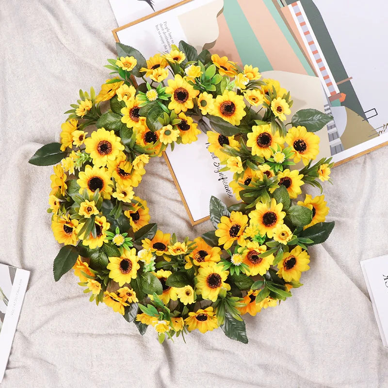 Artificial Sunflower Wreath 20 Inch Spring Summer Large Wreath Springtime Flower Green Leaves for Front Door Wall Window Decor