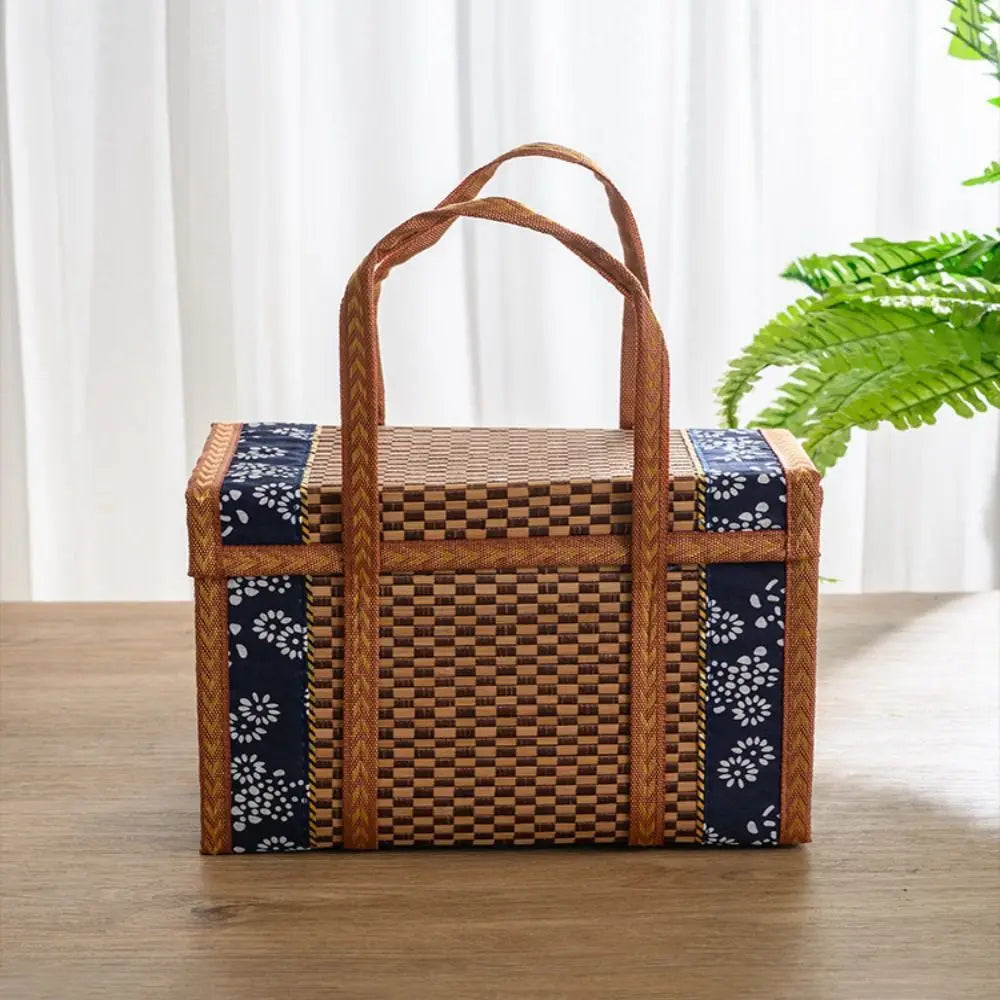 Portable Rattan Woven Basket Outdoor Picnic Basket Foldable Storage Basket with Lid Fruit Food Toy Clothes Organizer