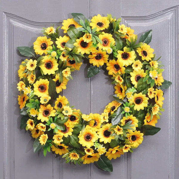 Artificial Sunflower Wreath 20 Inch Spring Summer Large Wreath Springtime Flower Green Leaves for Front Door Wall Window Decor