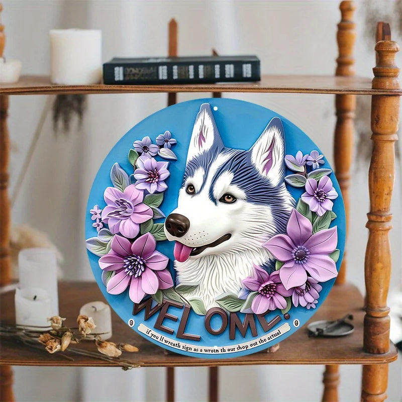 Husky Dog Welcome Sign, Aluminum Metal Round Door Hanger, Cute Husky with Flowers Wall Decor, Waterproof Pre-Drilled HD Printing