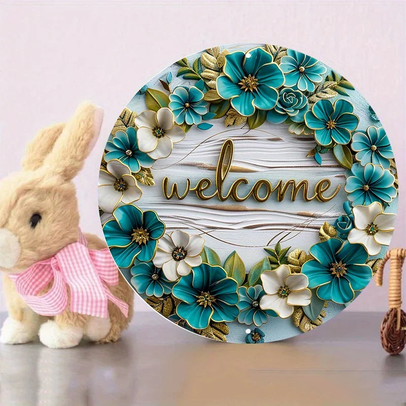 Welcome Aluminum Metal Sign, Round Door Hanger, Wall Decor with White Wood and Teal Floral Design Waterproof HD Printing Quality