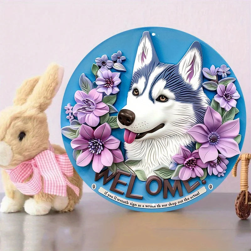 Husky Dog Welcome Sign, Aluminum Metal Round Door Hanger, Cute Husky with Flowers Wall Decor, Waterproof Pre-Drilled HD Printing