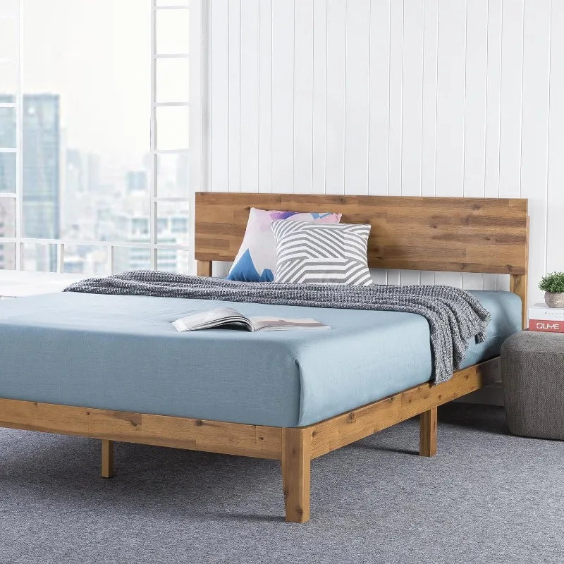 Queen Bed Frame Wood with Headboard, Farmhouse Bed Frame Queen Size